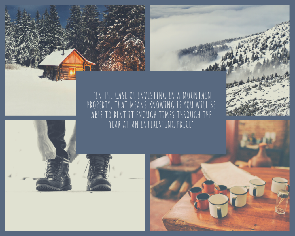 Image of a snow covered chalet in the woods, a mountain slope, a hike, and a cosy evening with hot chocolate